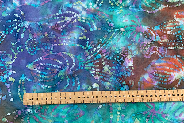 Blues teals and rust colours batik print, 100% cotton