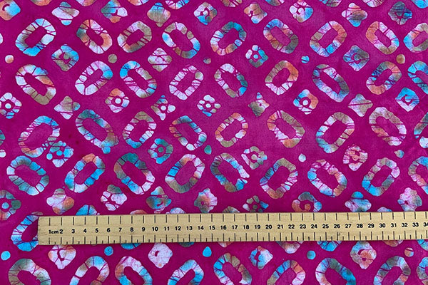 Cerise with coloured rectangles batik print, 100% cotton