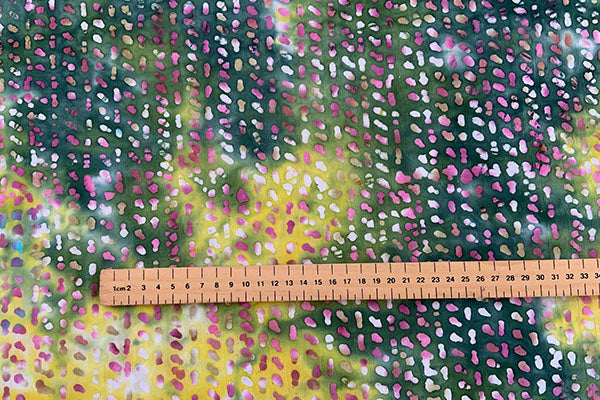 Dark green, pink and white batik print, 100% cotton