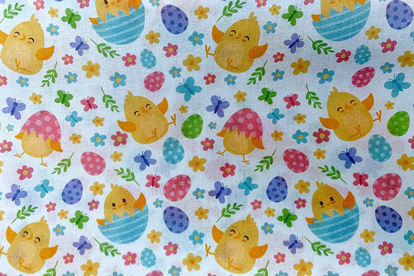 Cute chicks Easter print on white background, 100% cotton print