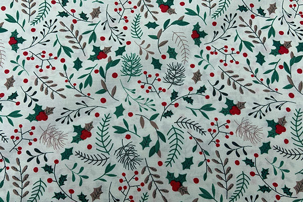 Holly and berries on ivory, Rose & Hubble 100% cotton print