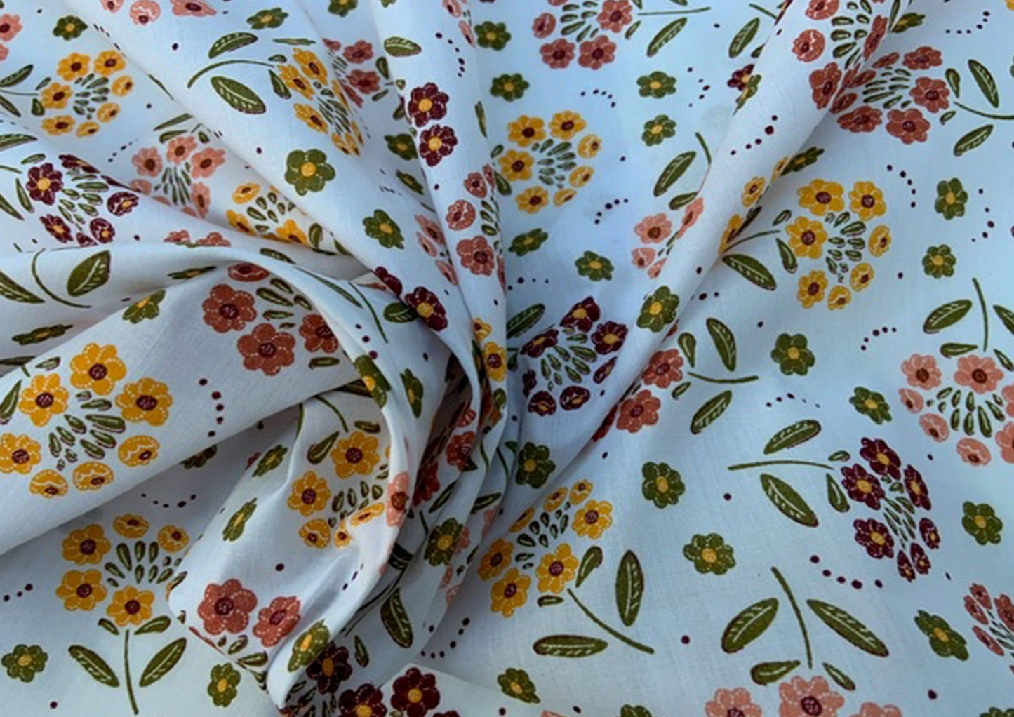 Floral polycotton print, brown and mustard on white