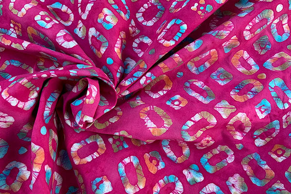 Cerise with coloured rectangles batik print, 100% cotton