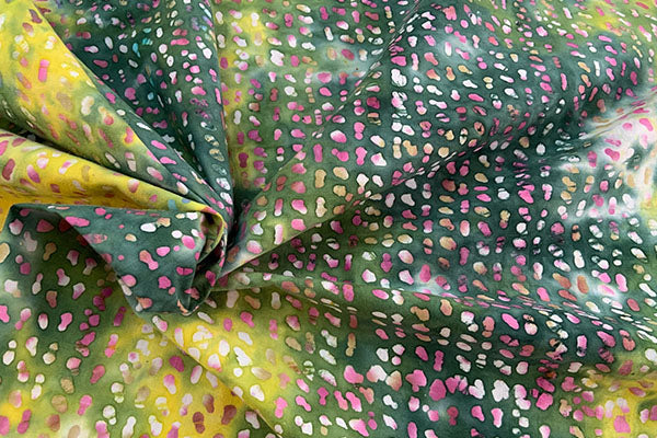 Dark green, pink and white batik print, 100% cotton