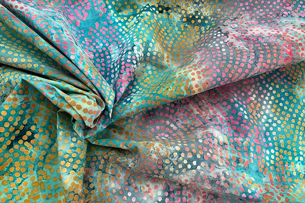Teal and pink dotty batik print, 100% cotton