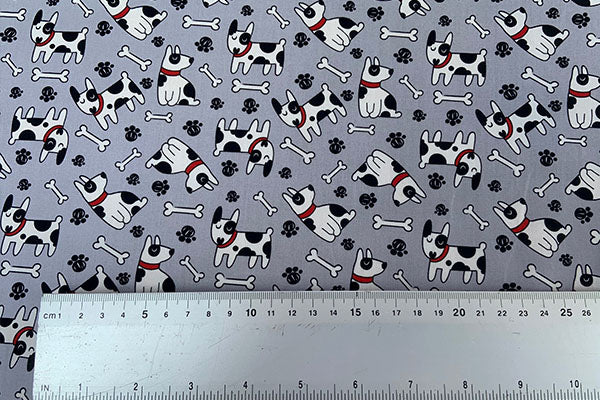 Black and white dogs on grey 100% cotton print