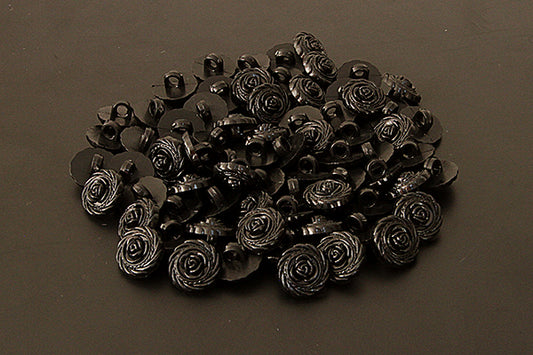 Black rose-patterned shank button, 13mm (half inch)