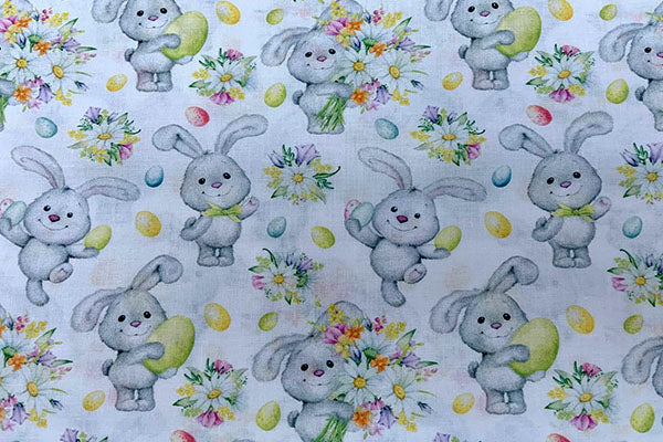 Cute bunnies Easter print on white background, 100% cotton print
