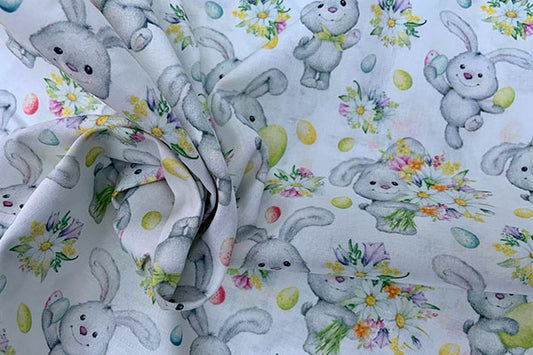 Cute bunnies Easter print on white background, 100% cotton print