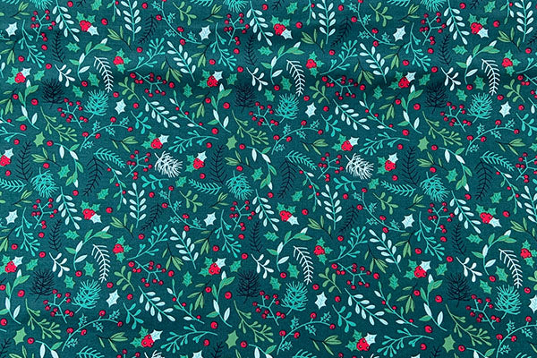 Holly and berries on green, Rose & Hubble 100% cotton print
