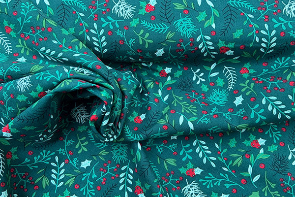 Holly and berries on green, Rose & Hubble 100% cotton print