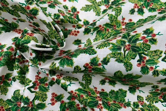 Holly on cream background, 100% cotton print