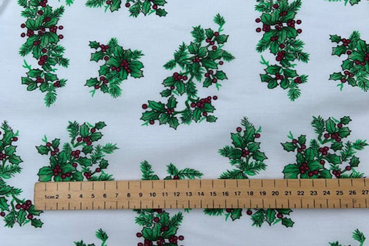 Christmas polycotton holly on ivory