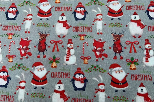 Christmas characters on a grey background, 100% cotton print