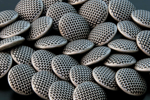 Metal round button, weave effect, silver and black, shank