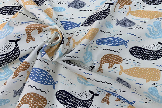 Whales and sea creatures on white background, 100% cotton print