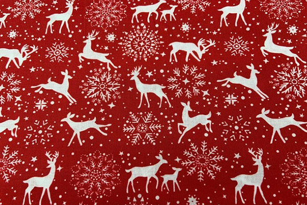 White stags on red background, 100% cotton print
